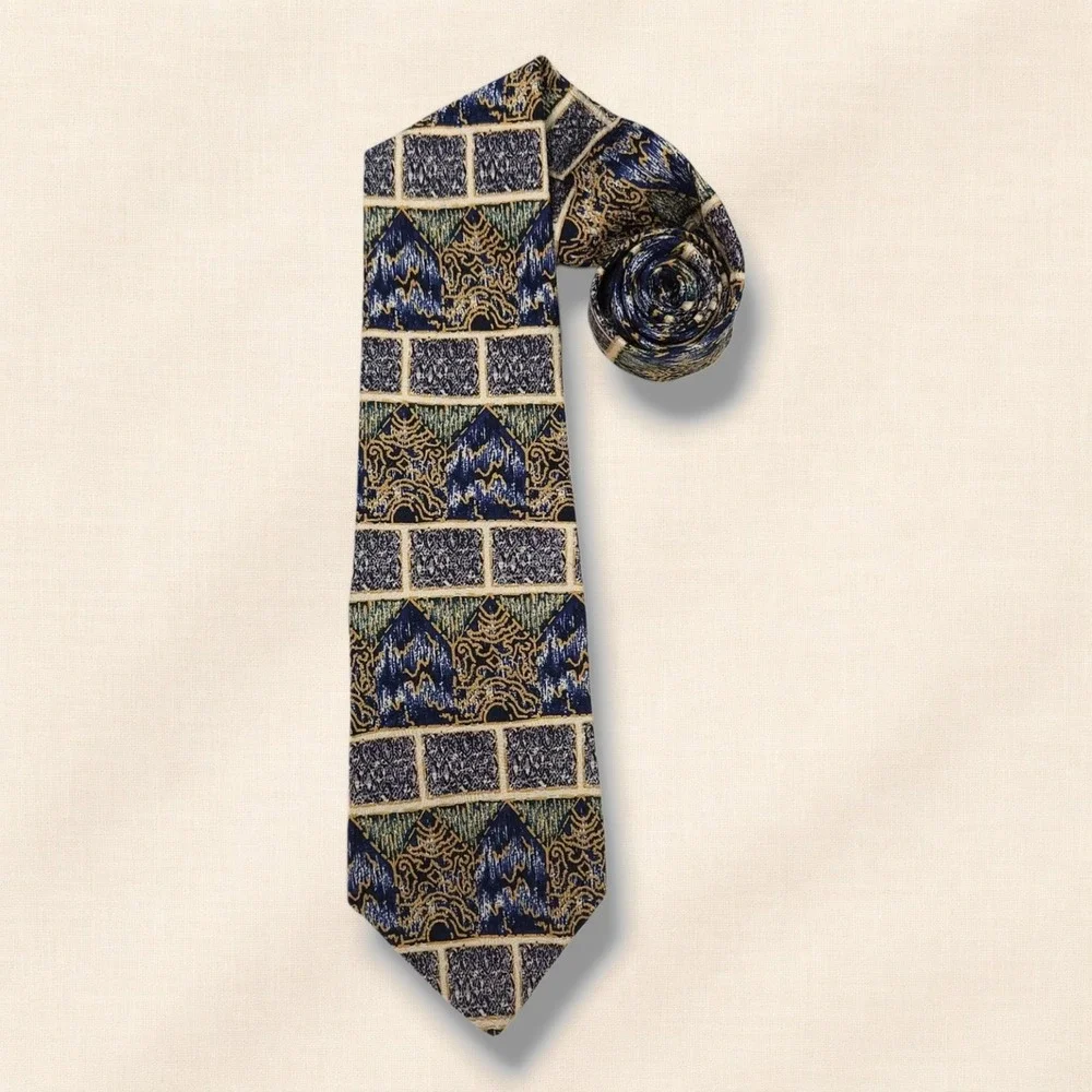 Albert Nipon Silk Necktie Abstract Geo Paisley Jacquard Blue Gold Vintage‎ OS